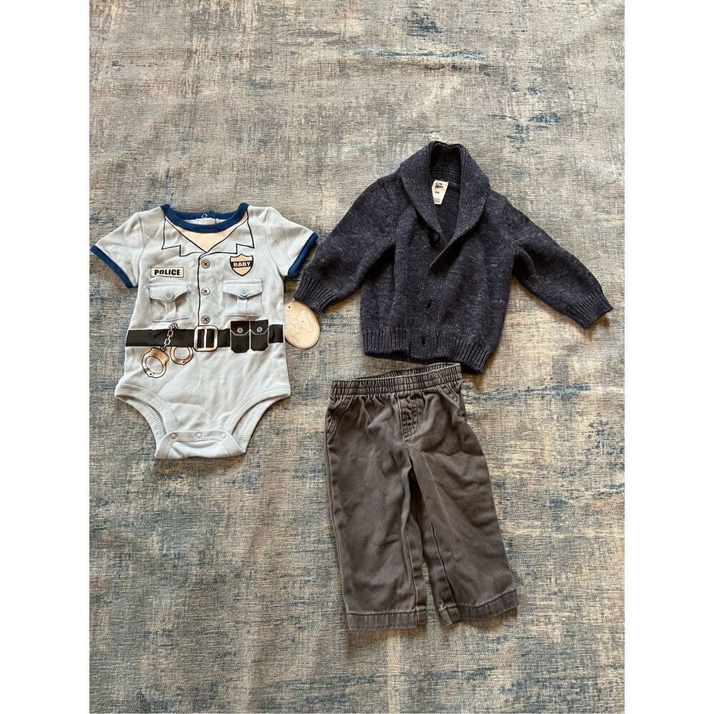 Baby Police Bodysuit Gray Pants Heathered Blue Cardigan Mini Lot 6 Months